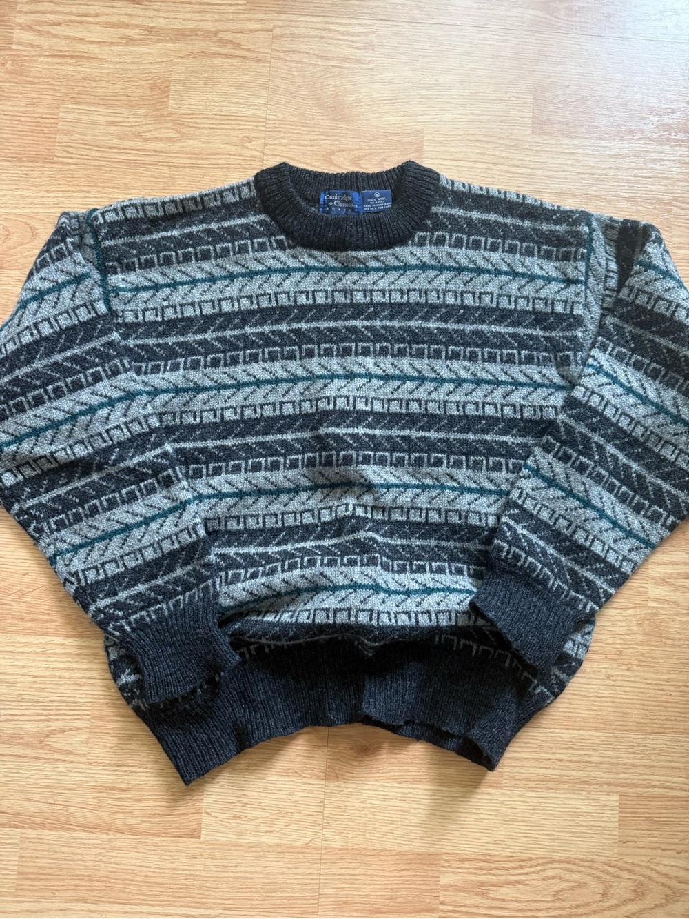 Vintage 90s Cambridge Classics 100% Wool Geometric Grandpa Sweater M